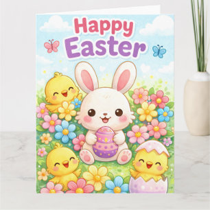 Tarjeta Conejito de Pascua adorable y pollitos Feliz Pas