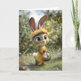 Tarjeta Conejito de Pascua con Corona de Flores y Cesta de