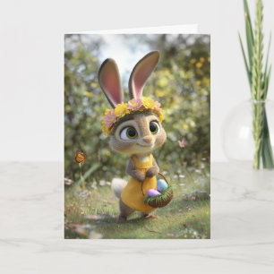Tarjeta Conejito de Pascua con Corona de Flores y Cesta de