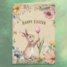 Tarjeta Conejito de Pascua con Tulipán Rosa Floral Vintage