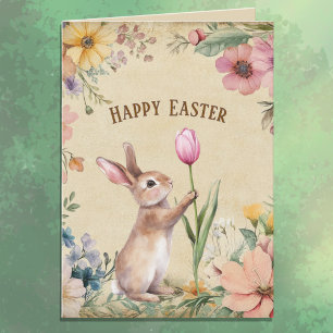 Tarjeta Conejito de Pascua con Tulipán Rosa Floral Vintage