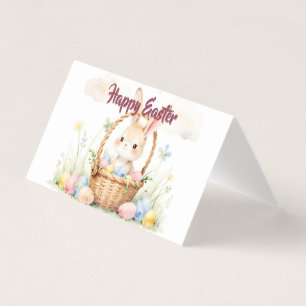 Tarjeta Conejito de Pascua en Cesta con Huevos Coloridos