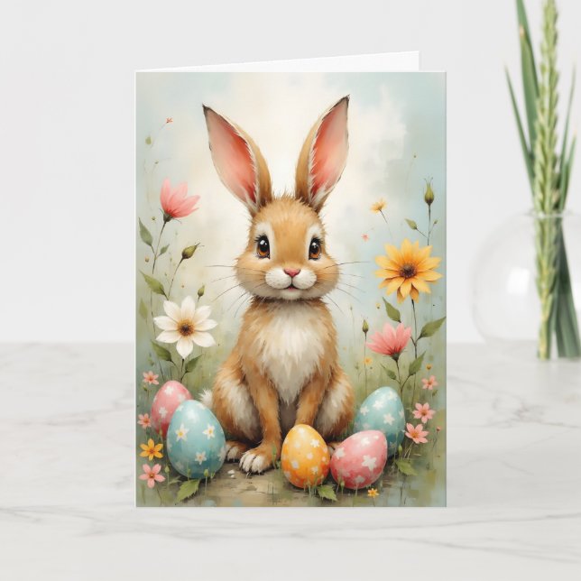 Tarjeta Conejito de Pascua huevos flores Pascua (Anverso)