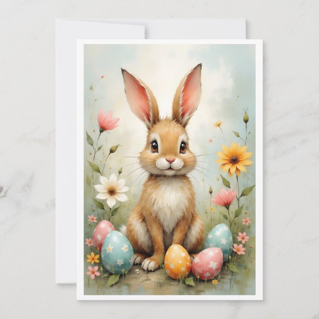 Tarjeta Conejito de Pascua Huevos Flores Plano (Anverso)