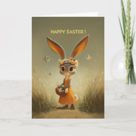 Tarjeta Conejito de Pascua lindo con vestido naranja y ces