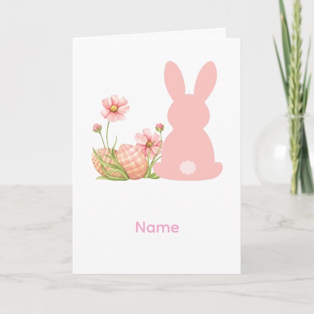 Tarjeta Conejito de Pascua rosa lindo con flores de primav (Anverso)
