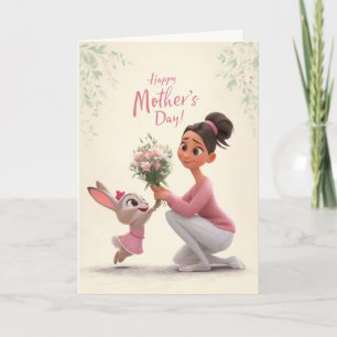 Tarjeta Conejito de rosa dando flores del Día de la Madre 