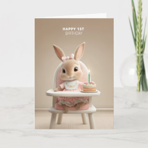 Tarjeta Conejito dulce en silla alta con pastel de primer 