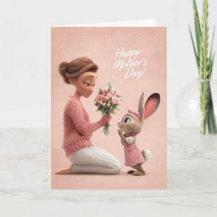 Tarjeta Conejito en rosa llevando flores del Día de la Mad