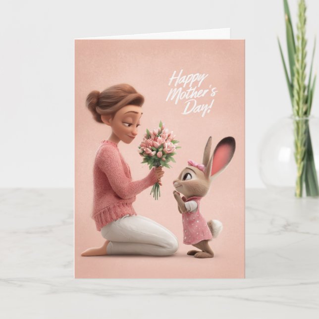 Tarjeta Conejito en rosa llevando flores del Día de la Mad (Anverso)