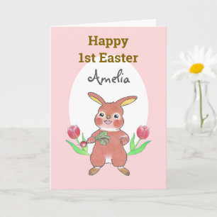Tarjeta Conejito Lindo Bebe Feliz 1er Cumpleaños de Pascua