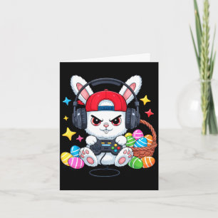 Tarjeta Conejito lindo con auriculares jugando pascua