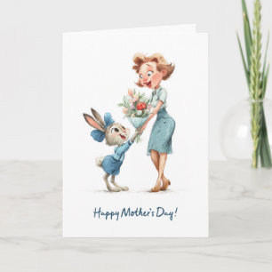 Tarjeta Conejito Lindo Dando Flores a Mamá Feliz Día de la