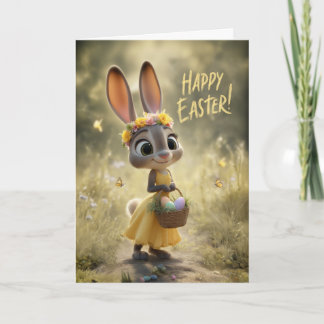 Tarjeta Conejito Lindo en Amarillo con Canasta Feliz de Pa