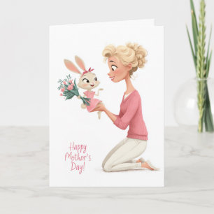 Tarjeta Conejito Niña Linda Trayendo Flores a Mamá