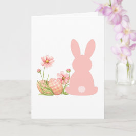 Tarjeta Conejito rosa de Pascua con flores de primavera 