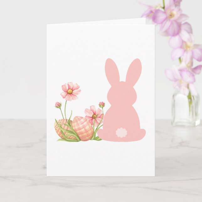 Tarjeta Conejito rosa de Pascua con flores de primavera  (Orquídea)