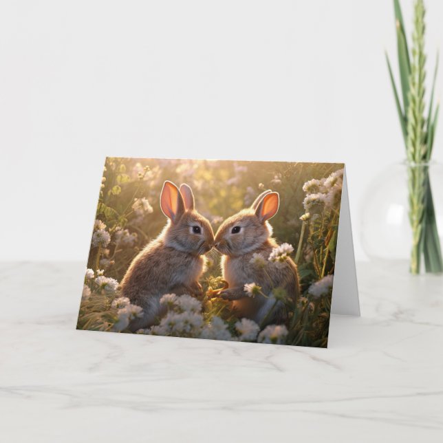 Tarjeta Conejitos Adorables en Diseño de Prado de Primaver (Anverso)