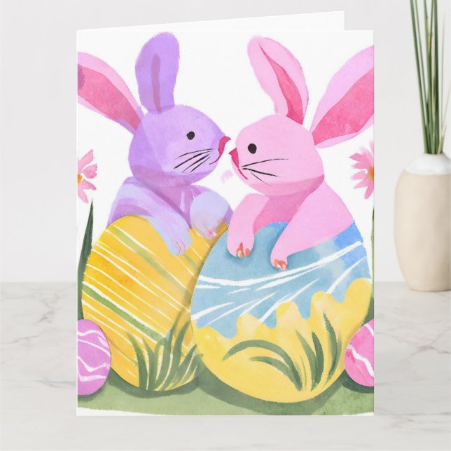 Tarjeta Conejitos de Pascua | Acuarela Pastel (Anverso)