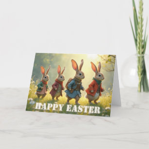 Tarjeta Conejitos de Pascua caminando en prado primaveral