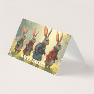 Tarjeta Conejitos de Pascua caminando en prado primaveral