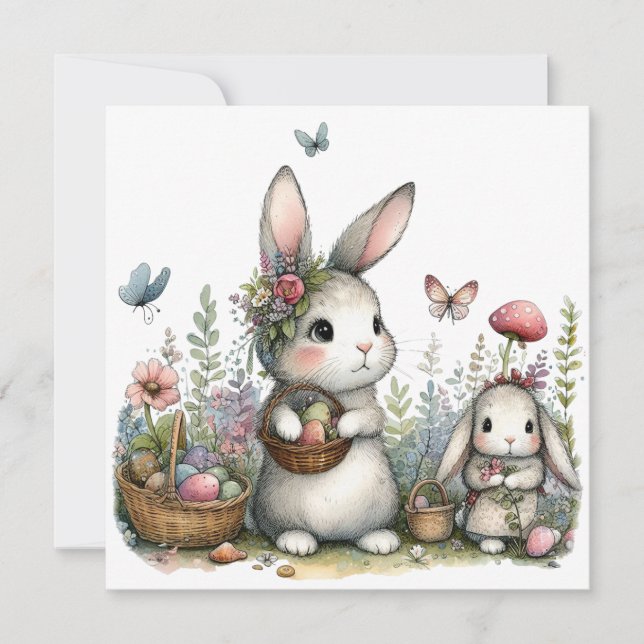 Tarjeta Conejitos de Pascua con Huevos Primavera Caprichos (Anverso)