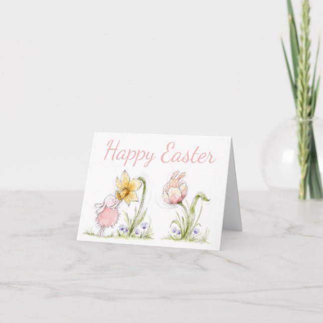 Tarjeta Conejitos de Pascua y arte de narcisos (Anverso)