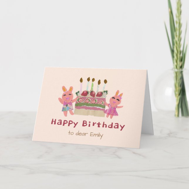 Tarjeta Conejitos Dulces Collage de Papel Cumpleaños Rosa (Anverso)