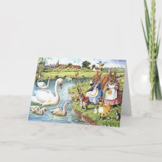 Tarjeta Conejitos que alimentan los cisnes