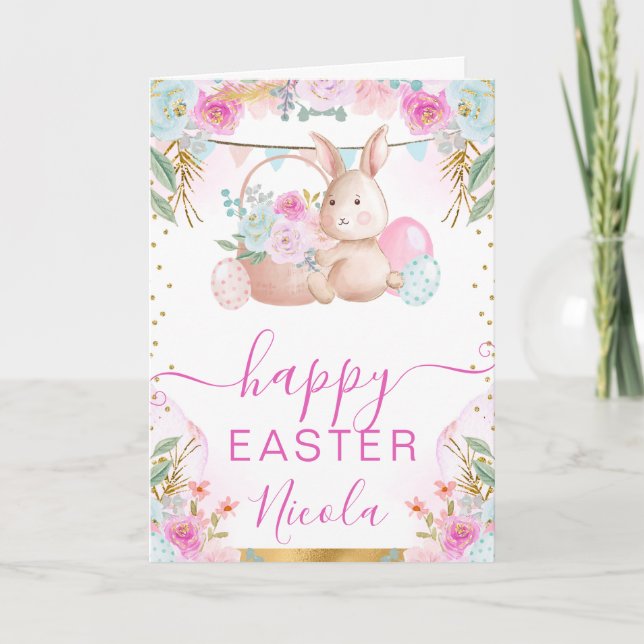 Tarjeta Conejo acuático y flores feliz Pascua (Anverso)