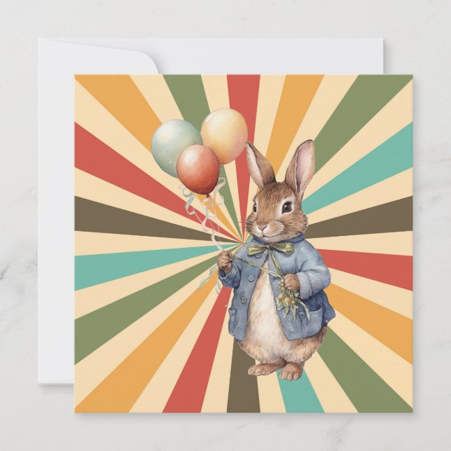 Tarjeta Conejo alegre sosteniendo globos (Anverso)