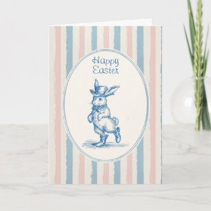 Tarjeta Conejo azul de Pascua a rayas pastel vintage retro