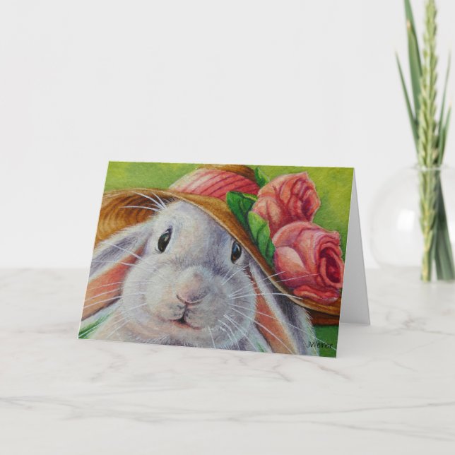 Tarjeta Conejo blanco conejito con gorro de primavera Arte (Anverso)