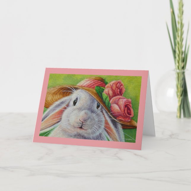 Tarjeta Conejo Blanco de Pascua con Gorro de Primavera Art (Anverso)