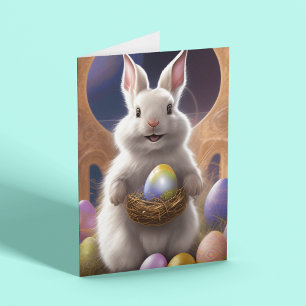Tarjeta Conejo blanco de Pascua con huevo de Pascua