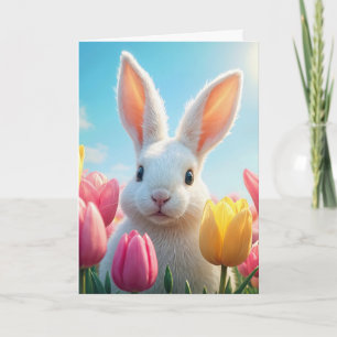 Tarjeta Conejo blanco de Pascua en tulipanes