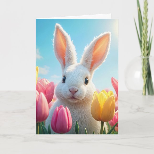 Tarjeta Conejo blanco de Pascua en tulipanes (Anverso)