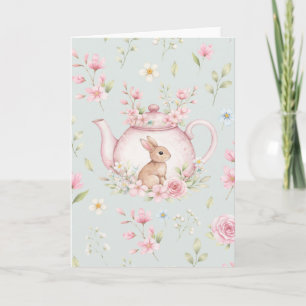 Tarjeta Conejo Caprichoso Tetera Rosa Floral Pascua