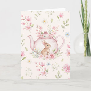 Tarjeta Conejo Caprichoso Tetera Rosa Floral Pascua 