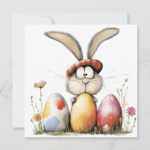 Tarjeta Conejo caprichoso y huevos de Pascua decorados sal