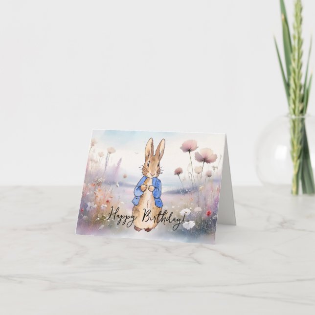Tarjeta Conejo clásico campo de flores silvestres Feliz cu (Anverso)