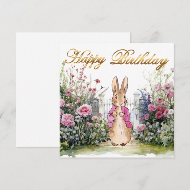 Tarjeta Conejo clásico con chaqueta rosa Feliz cumpleaños (Anverso / Reverso)