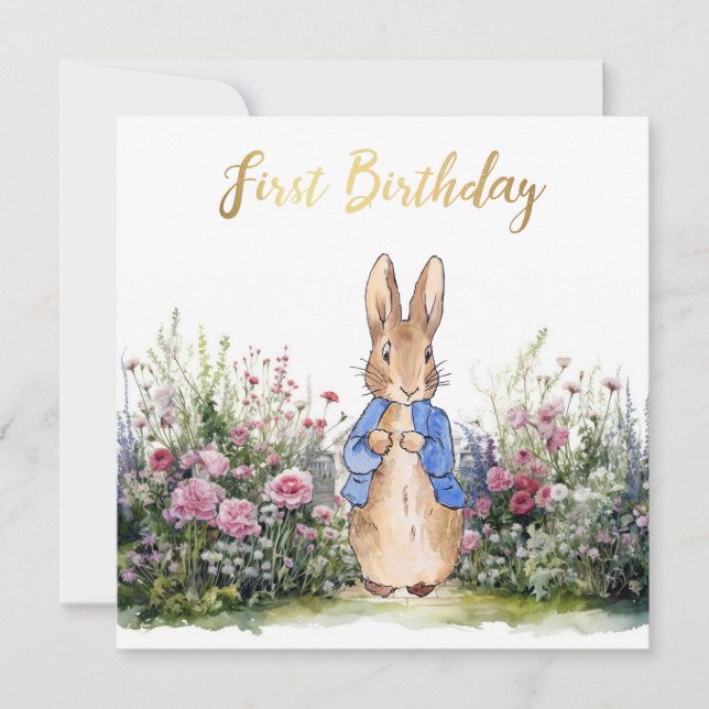Tarjeta Conejo Clásico Primer Cumpleaños (Anverso)
