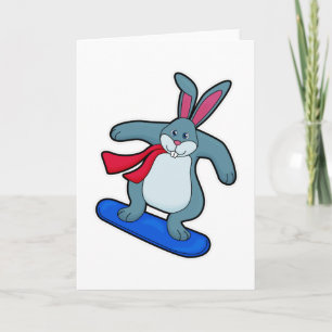 Tarjeta Conejo como snowboarder con snowboard y bufanda
