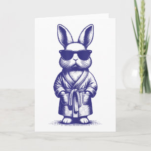 Tarjeta Conejo con bata y gafas de sol azul Pascua retro B