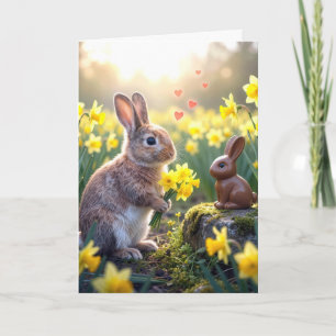 Tarjeta Conejo con Narcisos para Conejo de Pascua de Choco