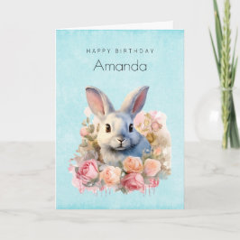 Tarjeta Conejo con una Guirnalda de Rosas Cumpleaños Lindo