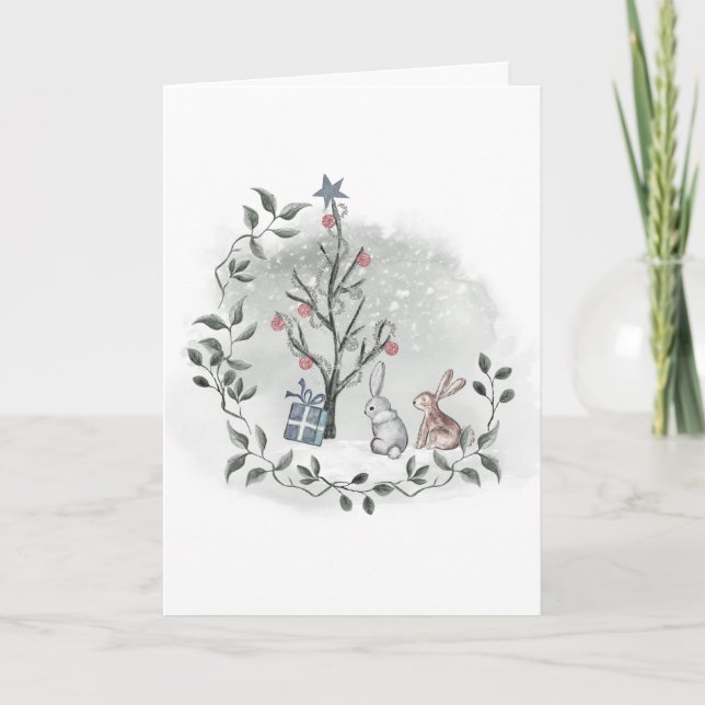 Tarjeta Conejo de acuarela árbol de Navidad (Anverso)