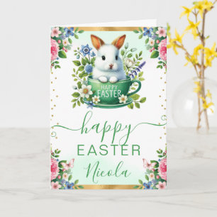 Tarjeta Conejo de Acuarela Flores de Primavera Feliz Pascu
