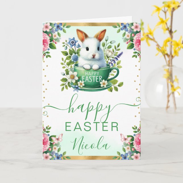 Tarjeta Conejo de Acuarela Flores de Primavera Feliz Pascu (flor amarilla)